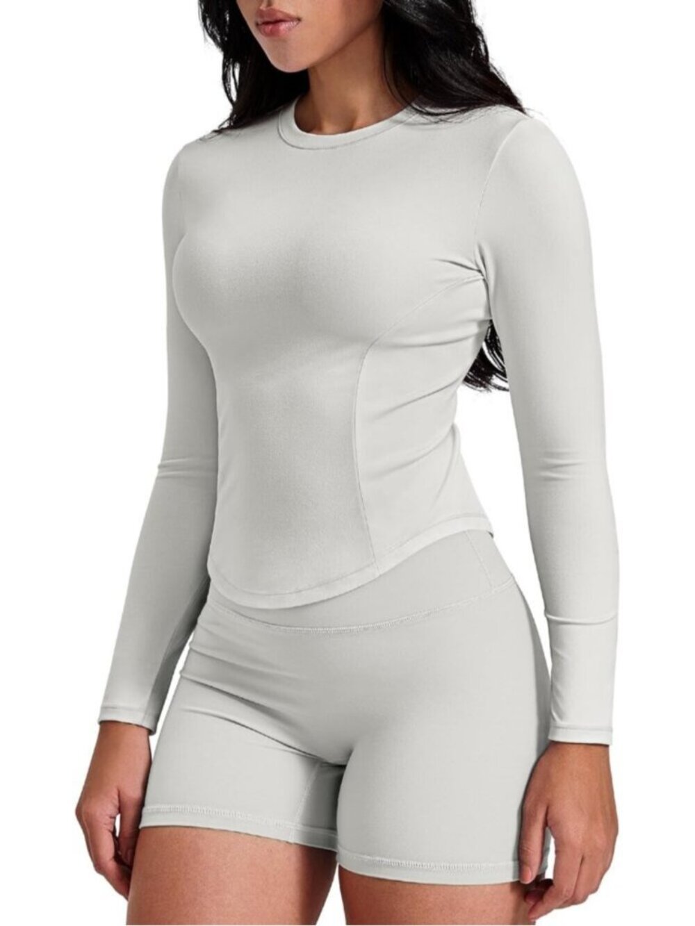 Women Grey Long Sleeve Workout Shirts Cropped Athletic Tops Slim Fit Crew Neck